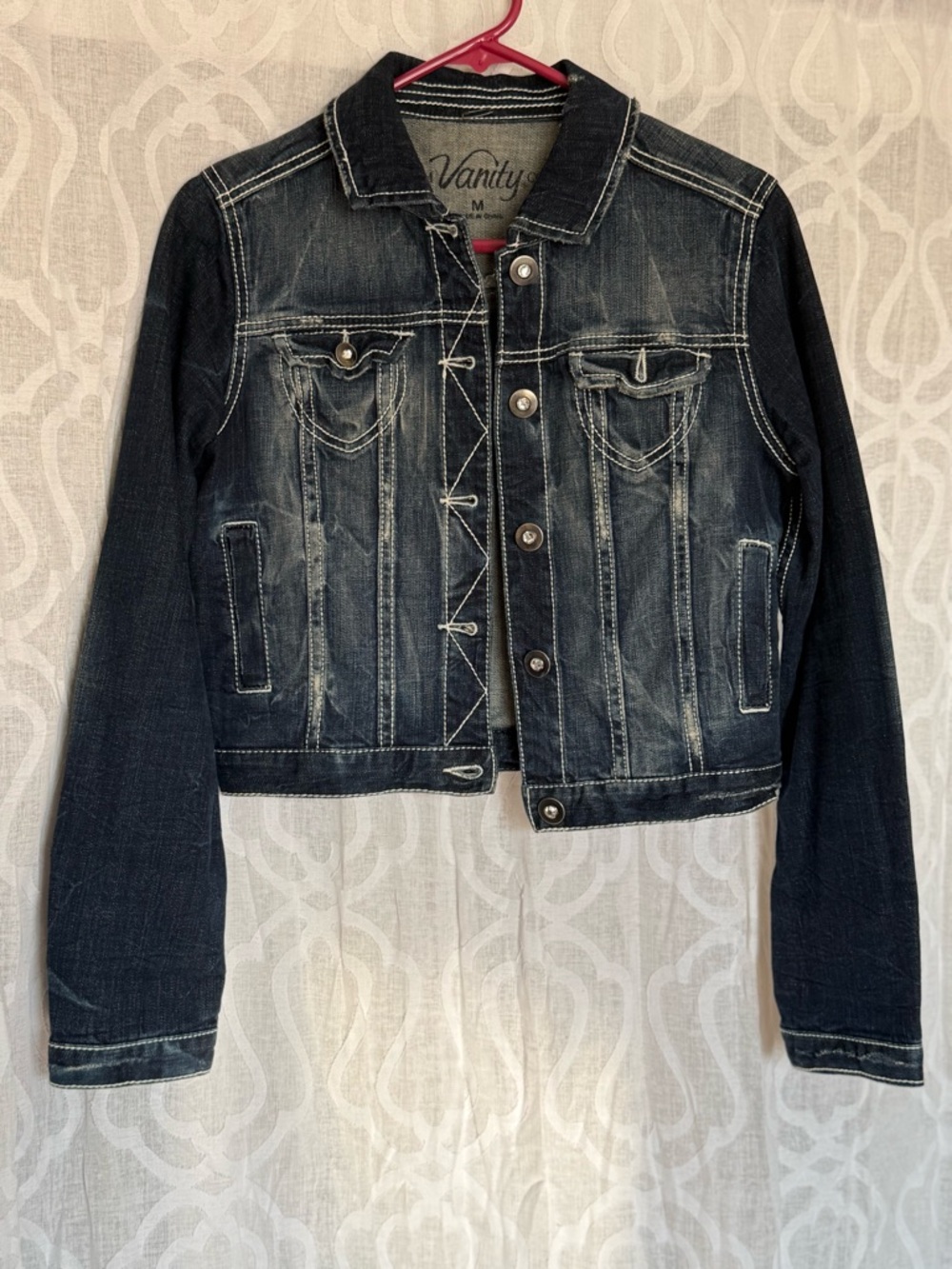Vanity Gray Denim Jacket with Pink Hanger Accent